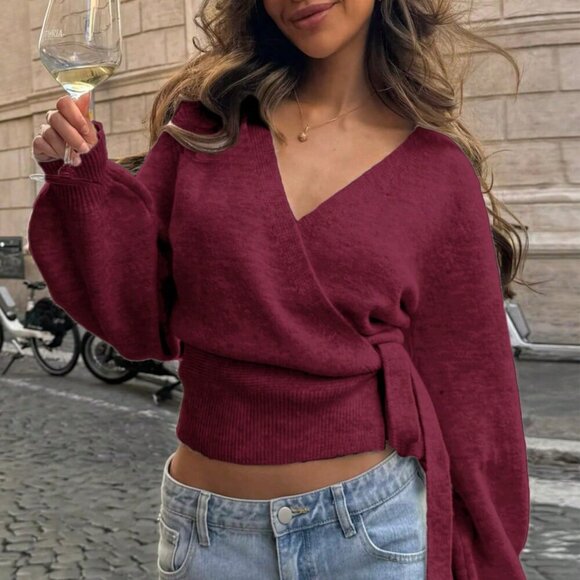 Burgundy Casual Women's Knotted Comfortable & Elegant wrap Cardigan Sweater top - Picture 2 of 4